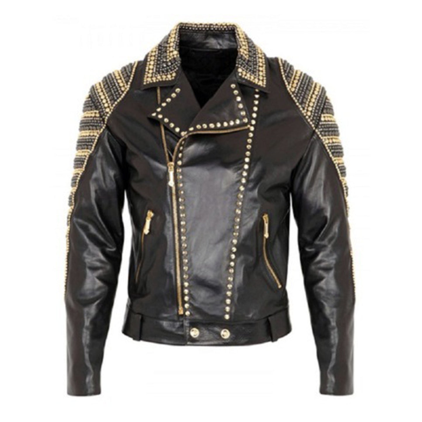 Stylish Black Color Golden Studded Cowhide Leather Bikers Jacket
