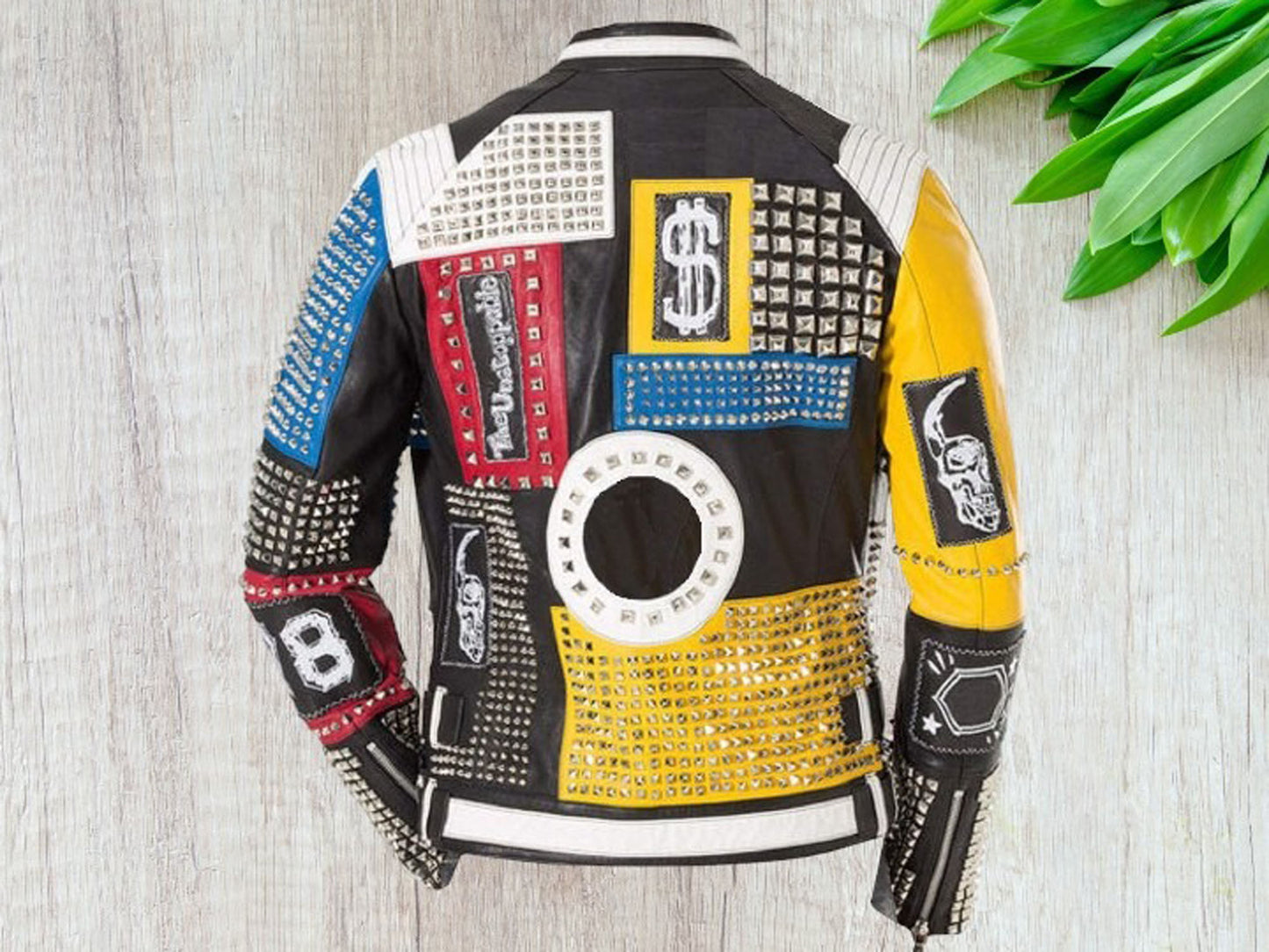 Hand Crafted Multi Color Silver Studded Genuine Leather Bikers Jacket