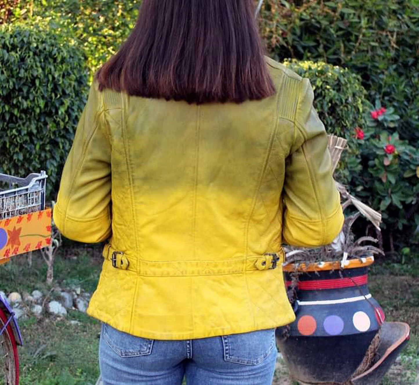 Hand Crafted Yellow & Green Color Genuine Leather Stylish Collar Bomber Biker Jacket