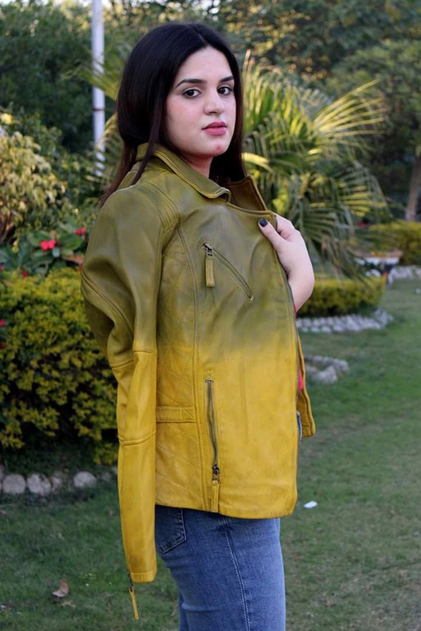 Hand Crafted Yellow & Green Color Genuine Leather Stylish Collar Bomber Biker Jacket