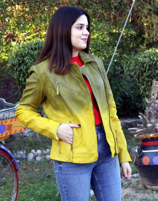 Hand Crafted Yellow & Green Color Genuine Leather Stylish Collar Bomber Biker Jacket