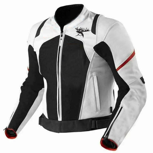 Hand Crafted Black & White Color Genuine Leather Bikers Jacket , Racer's Jacket With Safety Pads