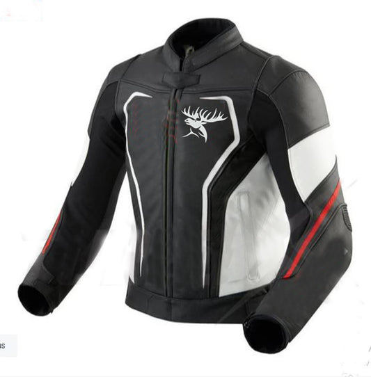 Hand Crafted Black & White Color Genuine Leather Bikers Jacket , Racer's Jacket With Safety Pads