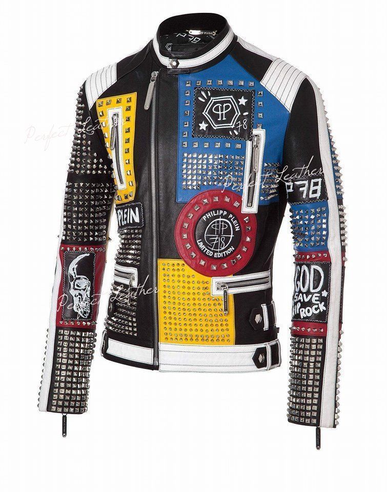Hand Crafted Multi Color Silver Studded Genuine Leather Bikers Jacket