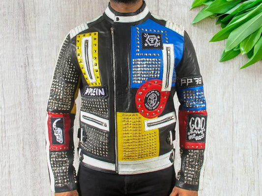 Hand Crafted Multi Color Silver Studded Genuine Leather Bikers Jacket