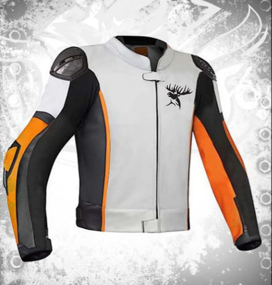 Hand Crafted Orange, White & Black Color Genuine Leather Bikers Jacket , Racer's Jacket With Safety Pads