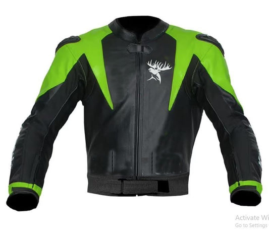 Hand Crafted Green & Black Color Genuine Leather Bikers Jacket , Racer's Jacket With Safety Pads